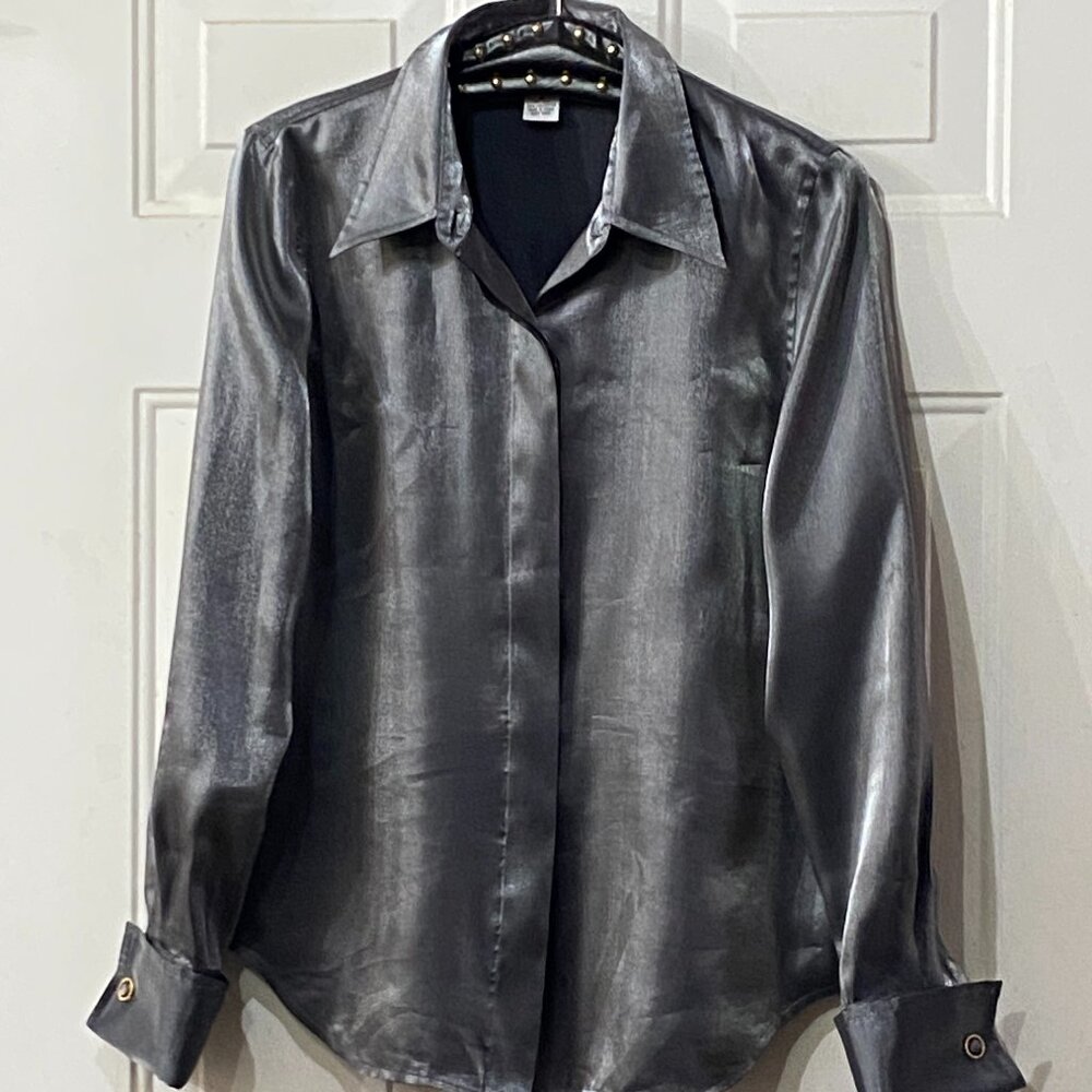 Katherine Kelly Sz 10 (M) Silk Blend Blouse Shirt Long Sleeve Shiny Gray Silver